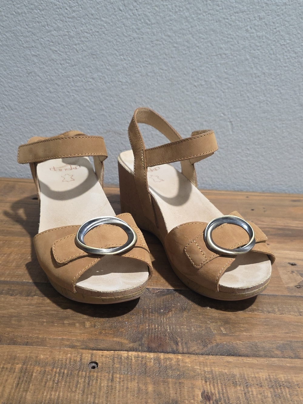 Dansko Tan Suede Wedge Sandals with Gold Ring Accent-38